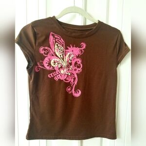 SHEIN Brown and Pink Short Sleeve Tee with Ornate Design